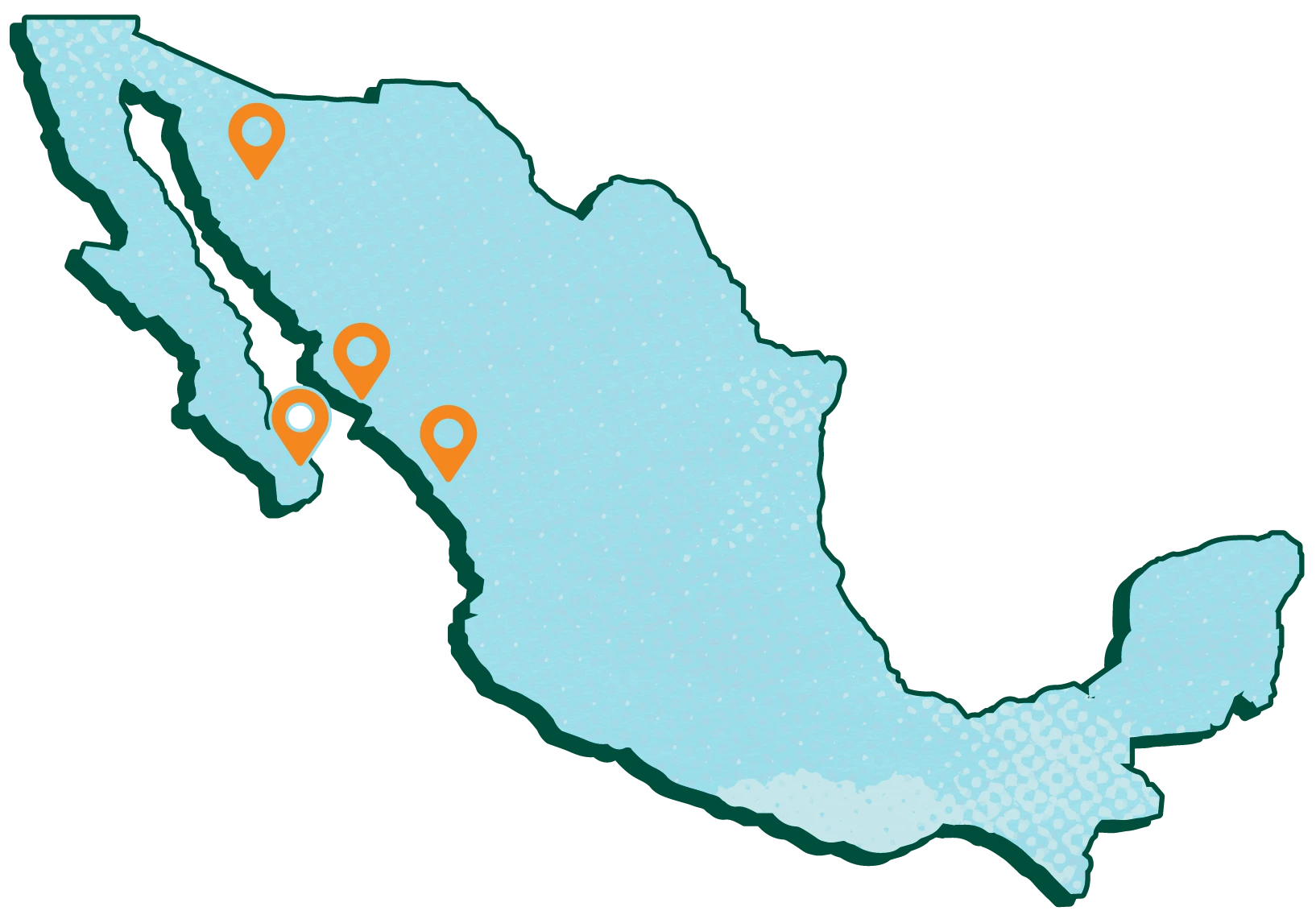 Map of Mexico with orange markers indicating locations