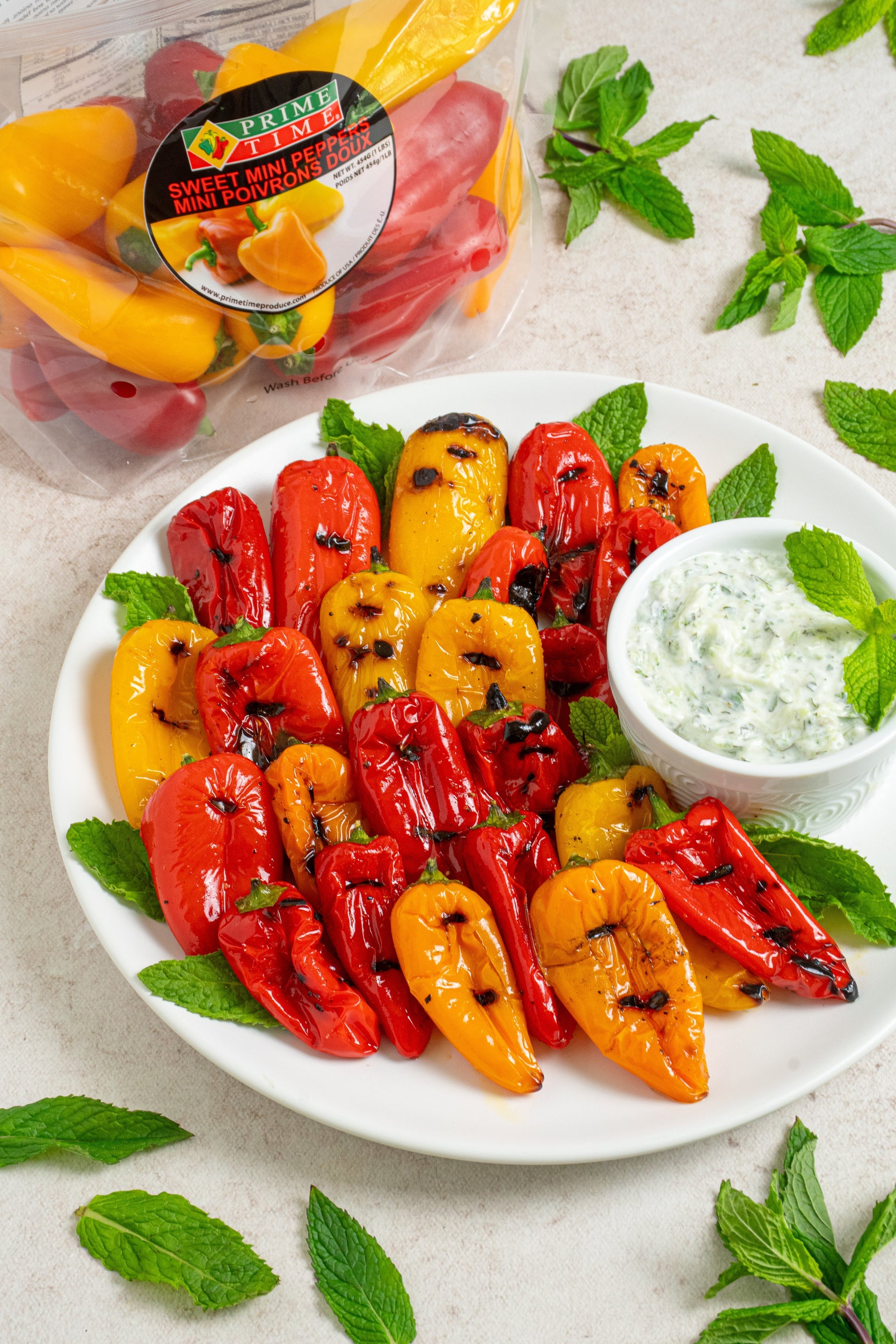 Grilled Mini Peppers with Mint Tzatziki