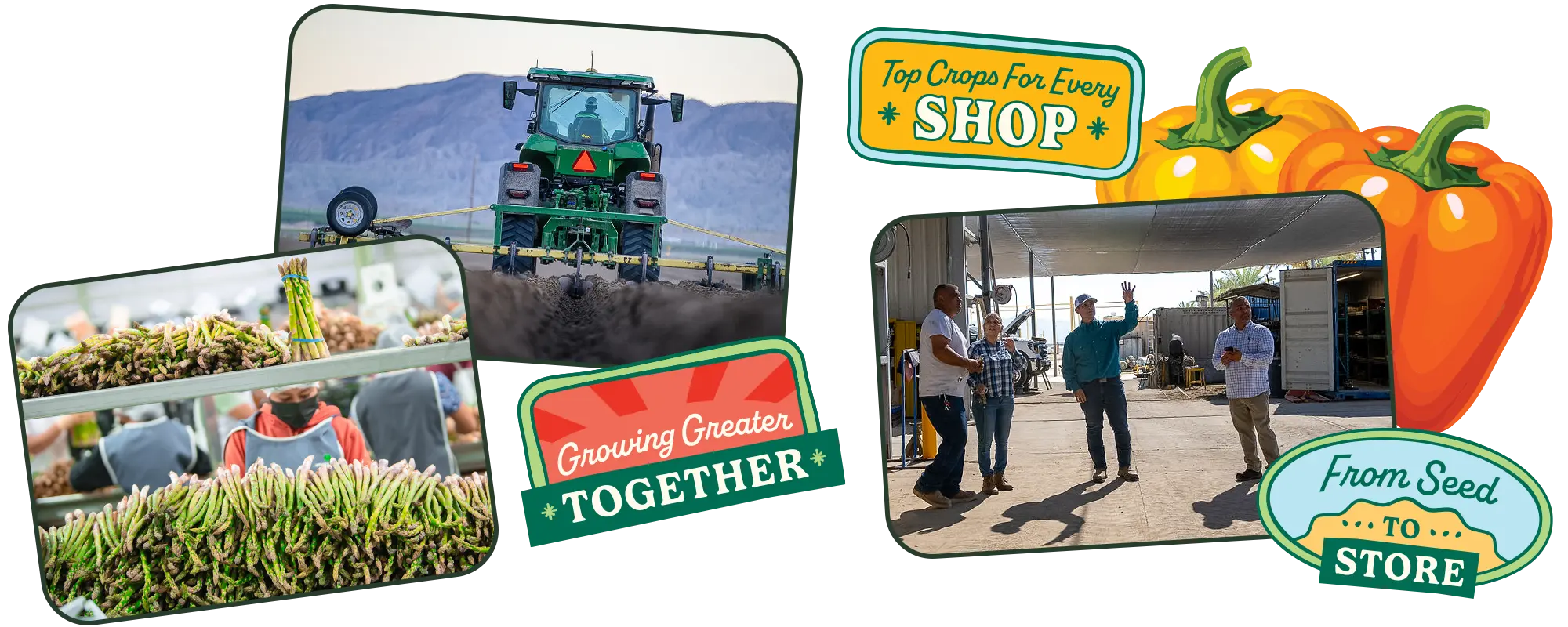 Collage of images related to agriculture, including a tractor, people working, and vegetables, with promotional text.