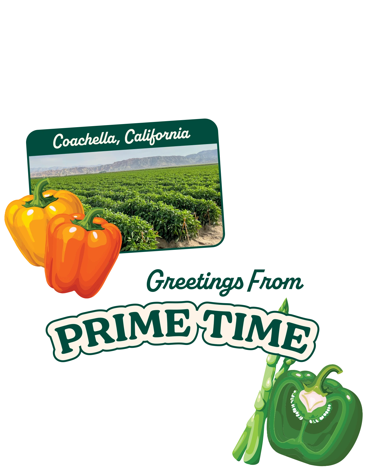 Card with peppers and scenic view of Coachella, California, featuring 'Prime Time' branding.