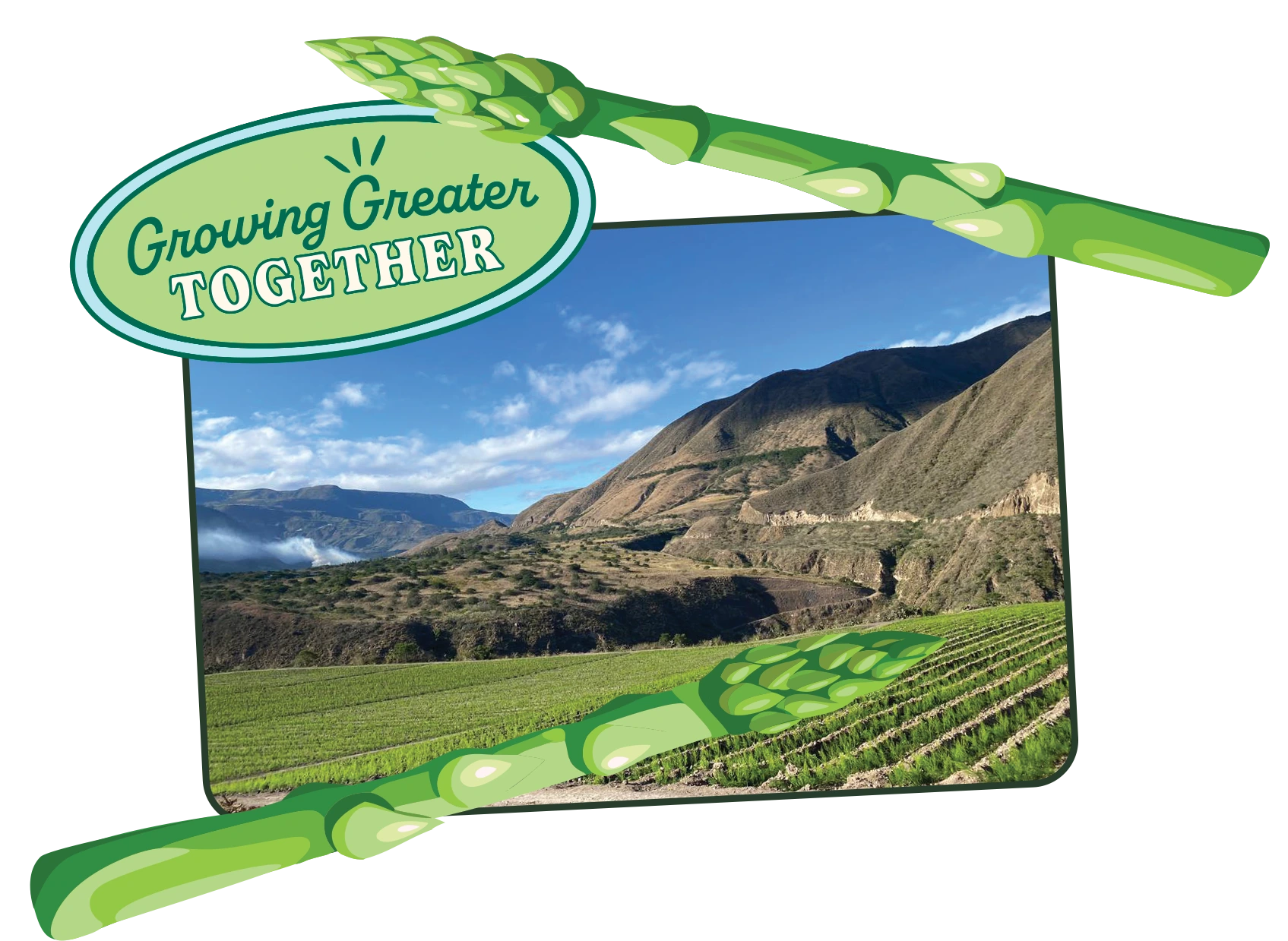 Scenic view of a valley with mountains, overlaid with green text 'Growing Greater Together' and green graphics.