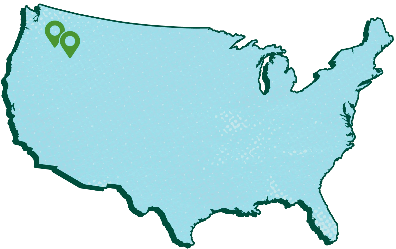 Map of the United States with two green markers on a white background