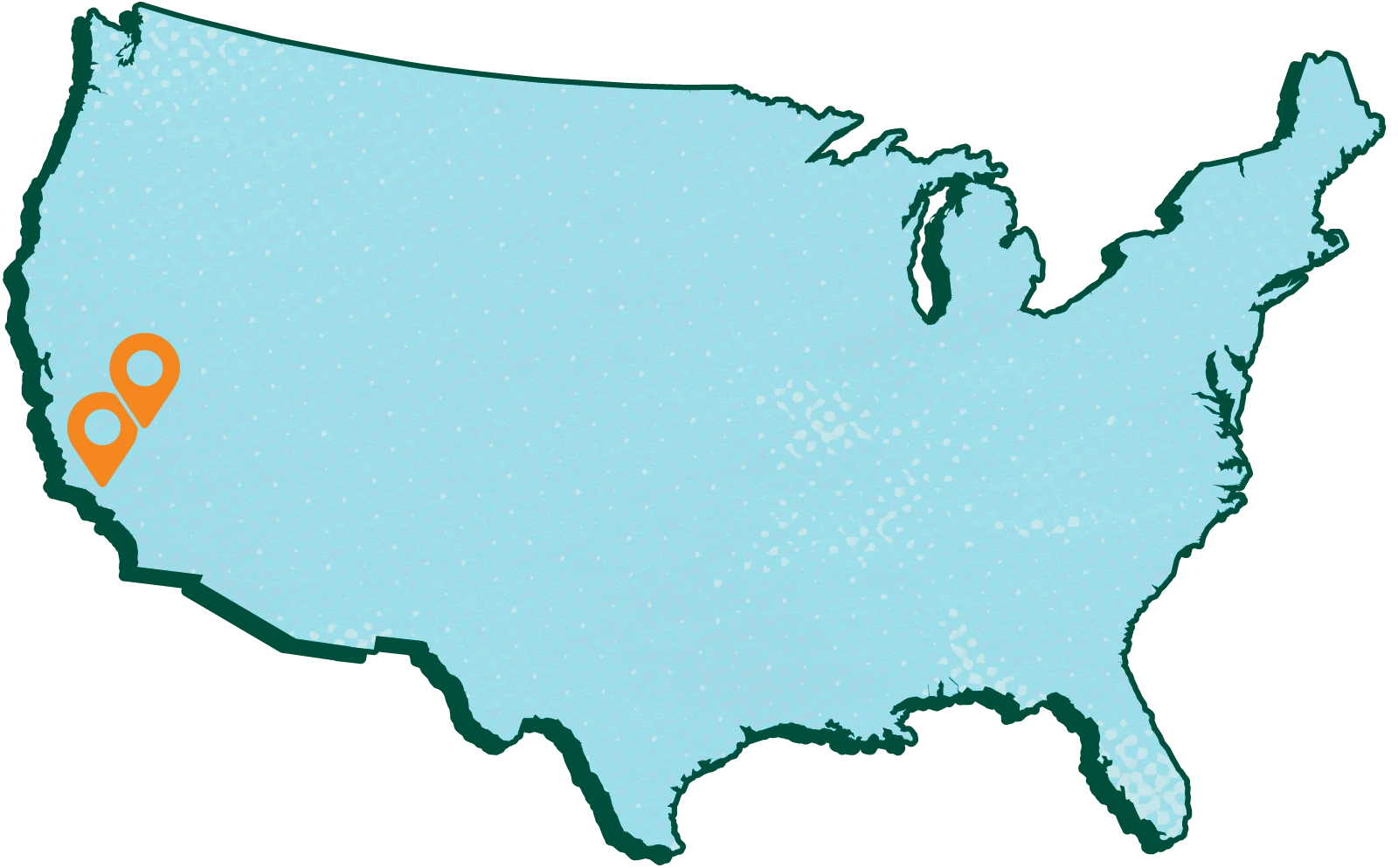 Map of the United States with two orange markers on California