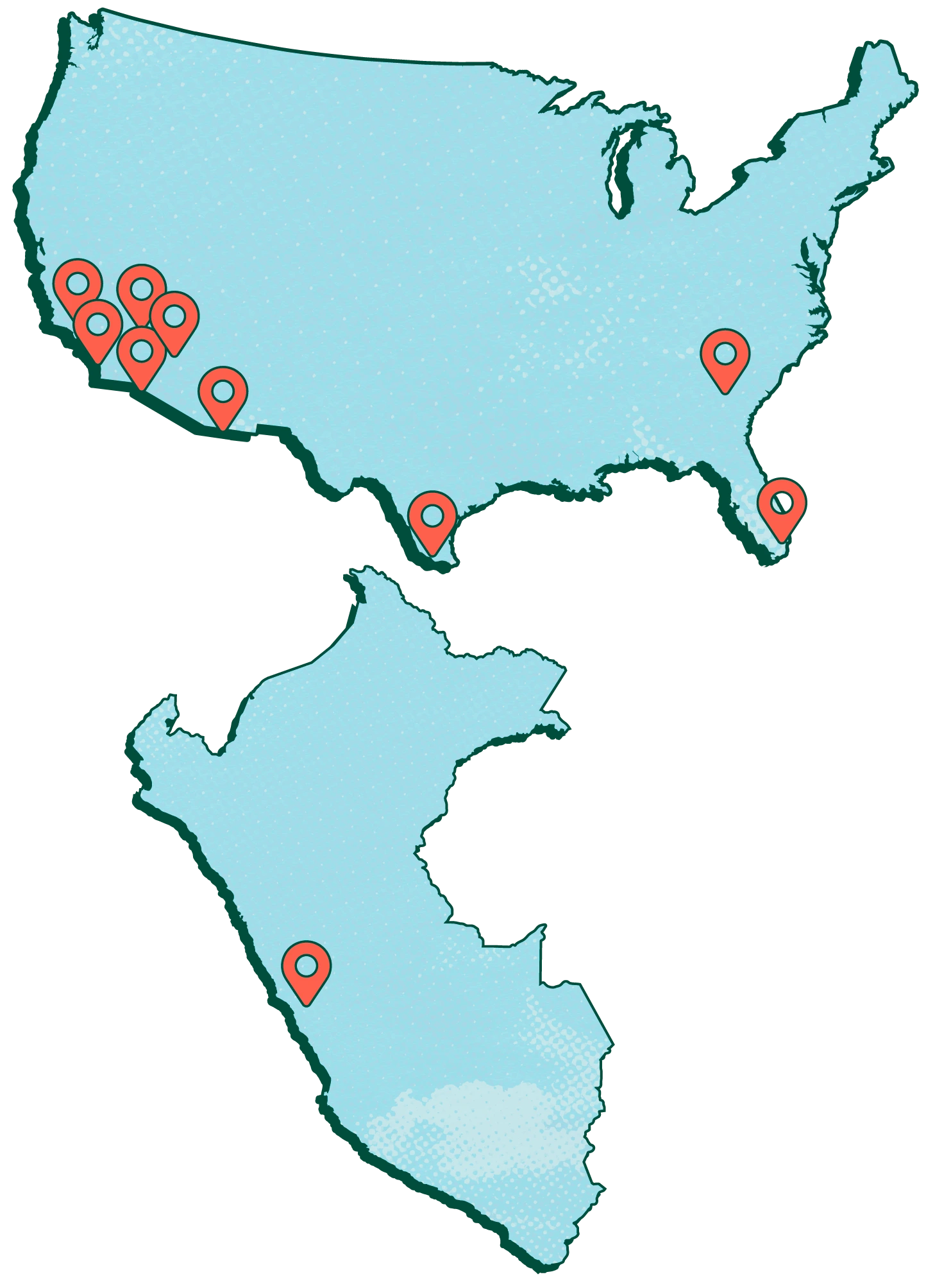 Map of North America with red markers indicating locations