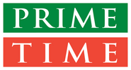 Logo with 'PRIME TIME' text in green and red on a white background